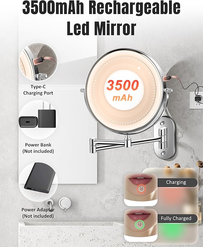 Wall Mounted Makeup Mirror with Light, 20X/1X 8'' Double Sided LED Magnifying Bathroom Lighted Vanity Mirror with Magnification, 3 Color Light up Touch Dimmable Extended Arm 360 Rotation