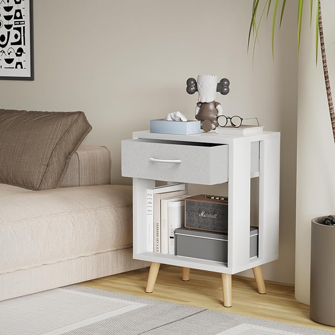GYIIYUO Nightstands Set of 2 with Fabric Storage Drawer and Open Wood Shelf, Side Table with Storage for Bedroom, Night Stand with Drawer for Bedroom, Bedside Tables - White 24" H