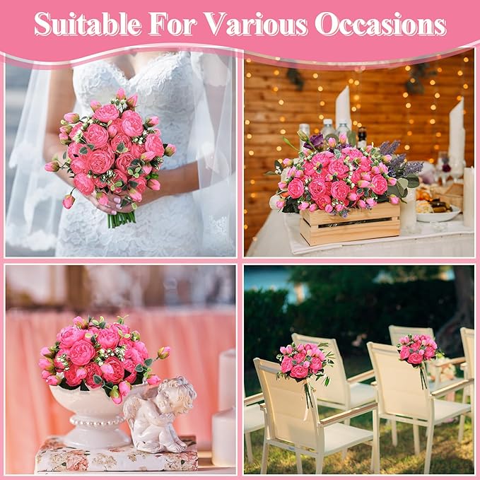 Hoteam 24 Bundles Artificial Peonies Flowers Wedding Faux Flowers Silk Peony Bouquet Bulk Bride Fake Florals Arrangements for Table Centerpieces Wedding Party Vase Decor (Hot Pink)