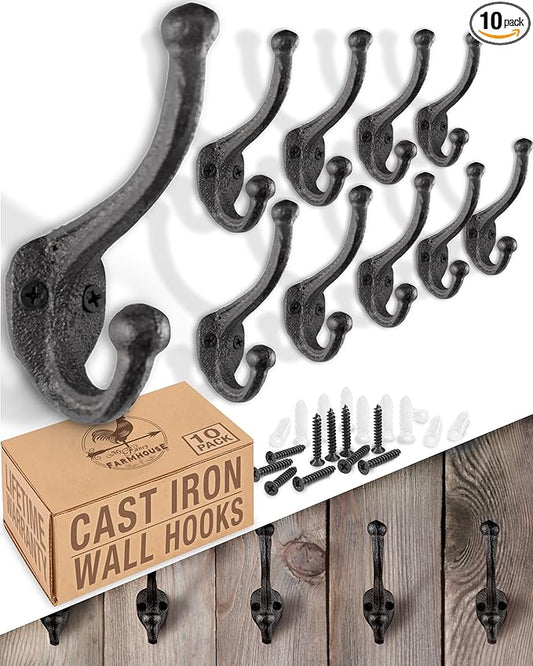 Rustic Cast Iron Coat Hooks (10 Pack) Wall Mounted Farmhouse Decorative Wall Hooks, Vintage Hooks for Hanging Coats, Bags, Hats, Towels (Antique Black)