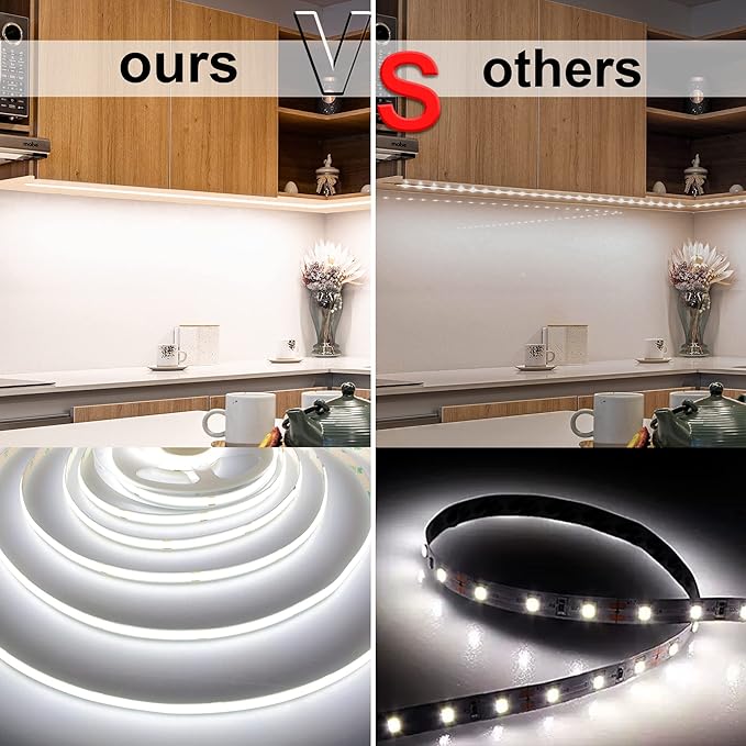 White COB LED Strip Light, Dimmable 16.4ft/5m LED Light, 6000K Daylight White 2400 LEDs High Lumen LED Tape Lights CRI 90+ with RF Remote and UL Power for Bedroom,Kitchen,DIY Home Decoration