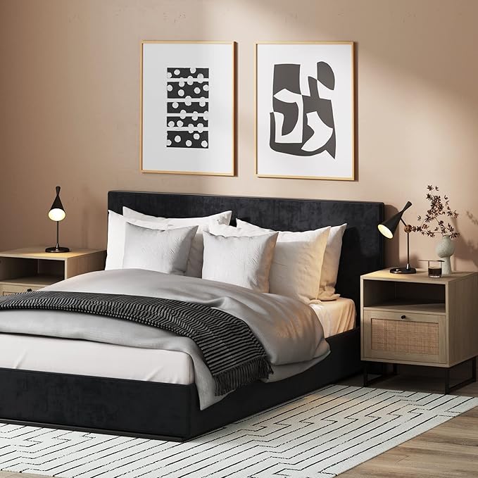 Nathan James Mina Side, End or Accent Table in a Natural Oak Wood Finish & Matte Black Accents with Storage for Living Room or Nightstand for Bedroom, Oak/Black, Set of 2