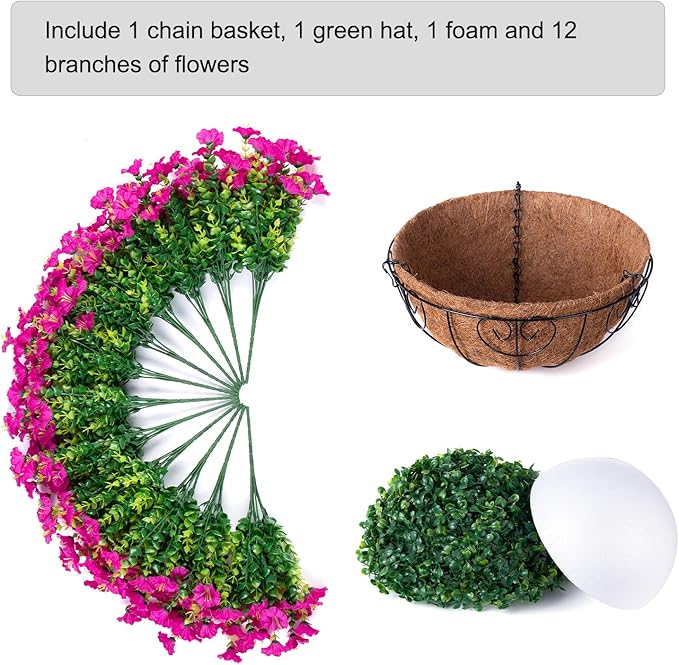 Artificial Fake Hanging Flowers Plants Baskets for Outdoor Spring Summer Decoration, Faux Silk Morning Glory in Planter UV Resistant Realistic for Home Outside Porch Patio Balcony Garden Yard, Fuchsia