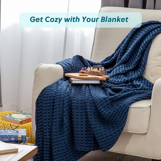 Bedsure Cooling Cotton Waffle Weave Blanket - Lightweight Breathable Blanket of Rayon Derived from Bamboo for Hot Sleepers, Luxury Throws for Bed, Couch and Sofa, Navy, 50x70 Inches