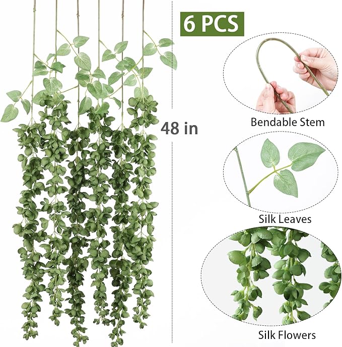 mizii 6Pcs Green Wisteria Hanging Flowers 48" Silk Wisteria Artificial Flowers Garland Vines Fake Hanging Flowers Decoration for Wedding Flower Wall Backdrop Centerpieces Party Room Decor (Green)