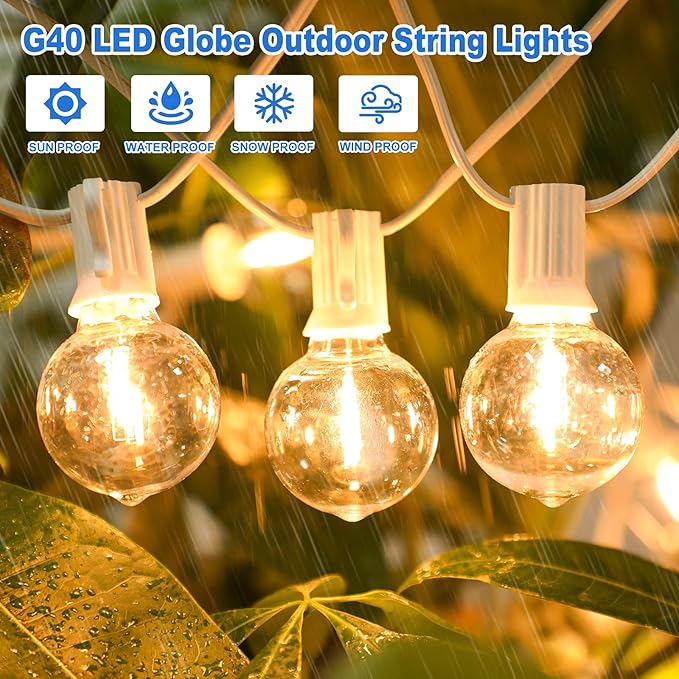 Bosceos Outdoor G40 LED Globe String Lights 50FT Dimmable Shatterproof Waterproof Patio Lights with 25+2 Bulbs Connectable Commercial Hanging Light for Patio Balcony Backyard Party (White Wire)