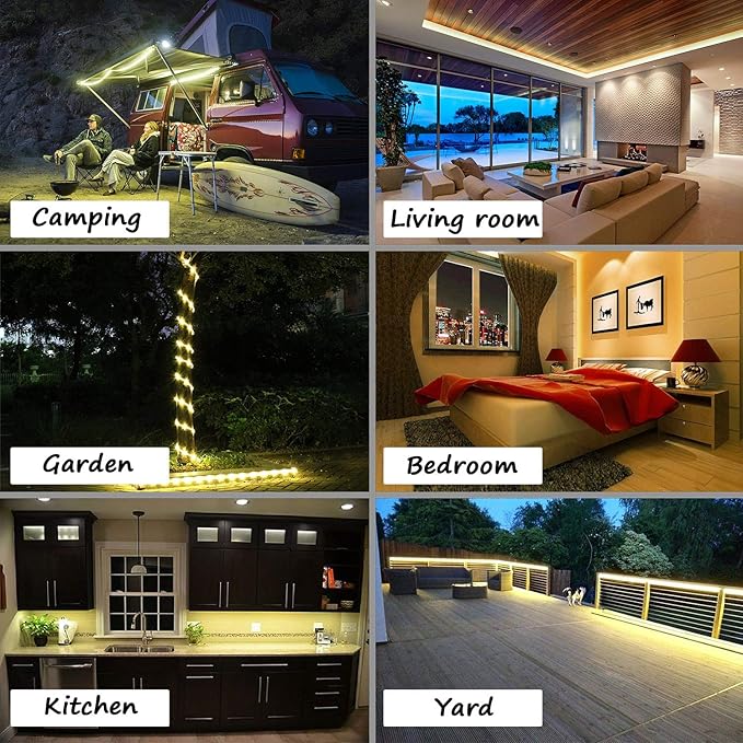 LED Rope Lights, 16ft Warm White Strip Lights, Connectable and Flexible Tape Lights with Fuse Holder, Clear Thick PVC Jacket and High Brightness Advanced LEDs, Waterproof for Indoor Outdoor Use