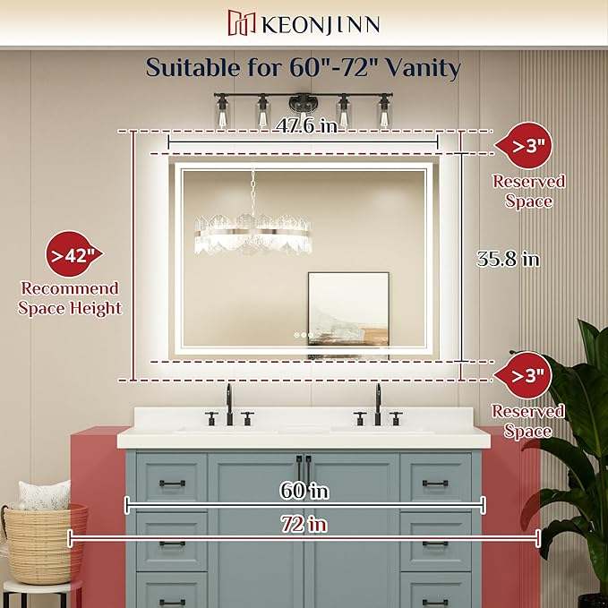 Keonjinn Large Bathroom Mirror with Light, 48 x 36 Inch LED Mirror for Bathoom, Frontlit Only, HD Tempered Glass, UL-Listed LED Driver, Anti-Fog, Dimmale 6000K, Easy Installation(Horizontal/Vertical)