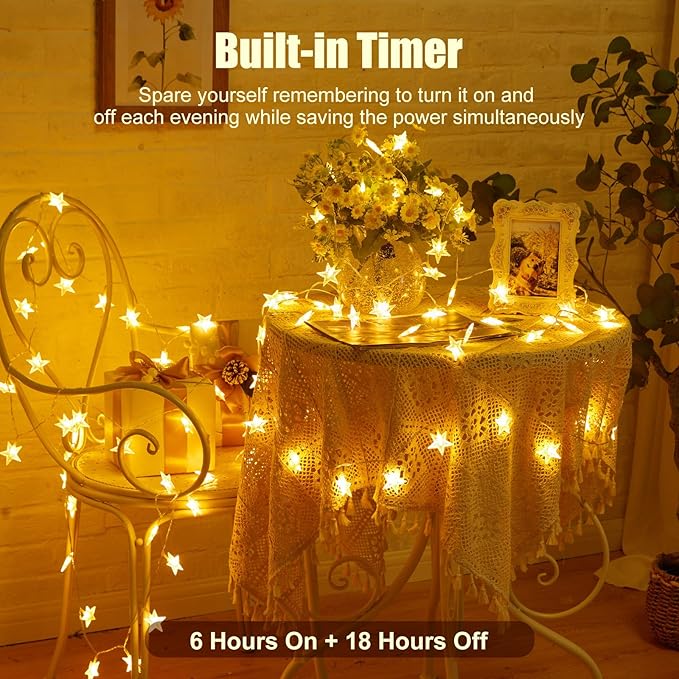 Minetom Star String Lights Battery Operated - 2 Pack 17 ft 50 LED Star Fairy String Lights with Timer, Waterproof for Indoor Bedroom Tent Loft Bed Patio Party Wedding Decor, Warm White