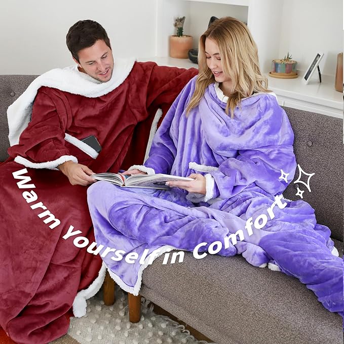 Catalonia Sherpa Wearable Blanket with Sleeves & Foot Pockets for Adult Women Men, Comfy Snuggly Wrap Sleeved Throw Blanket Robe, Gift Idea, Wine