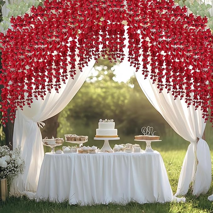 mizii 6Pcs Burgundy Wisteria Hanging Flowers 48" Silk Wisteria Artificial Flowers Garland Vines Fake Hanging Flowers Decoration for Wedding Flower Wall Backdrop Centerpieces Room Decor (Burgundy)