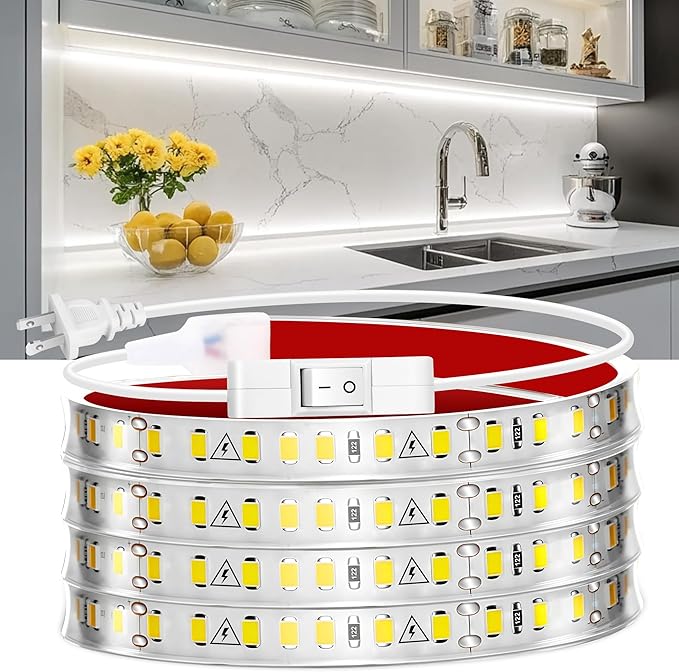 maylit Under Cabinet Strip Lighting Plug in 72in, Ultra Bright Small LED Light Bar, 6000K Cool White, 110V-120V Wired Lights for Kitchen Cabinet, Counter, Workbench, Desk, Closet, Shelf, Indoor