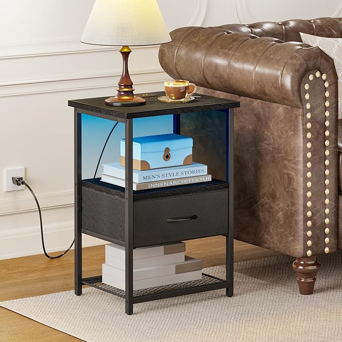 Fixwal Night Stand with Charging Station, LED Nightstand Side Table with Fabric Drawers PU Finish, End Tables Bedroom, Bedside Table, Black