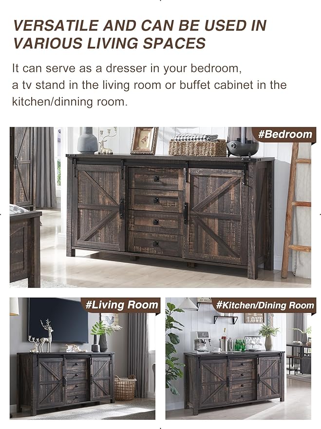 T4TREAM 60'' Farmhouse Dresser Chests for Bedroom w/4 Drawers & Sliding Barn Doors, Wide Dresser TV Stand, Tall Chest of Drawers, Rustic Dresser Organizer for Bedroom, Living Room, Dark Rustic Oak