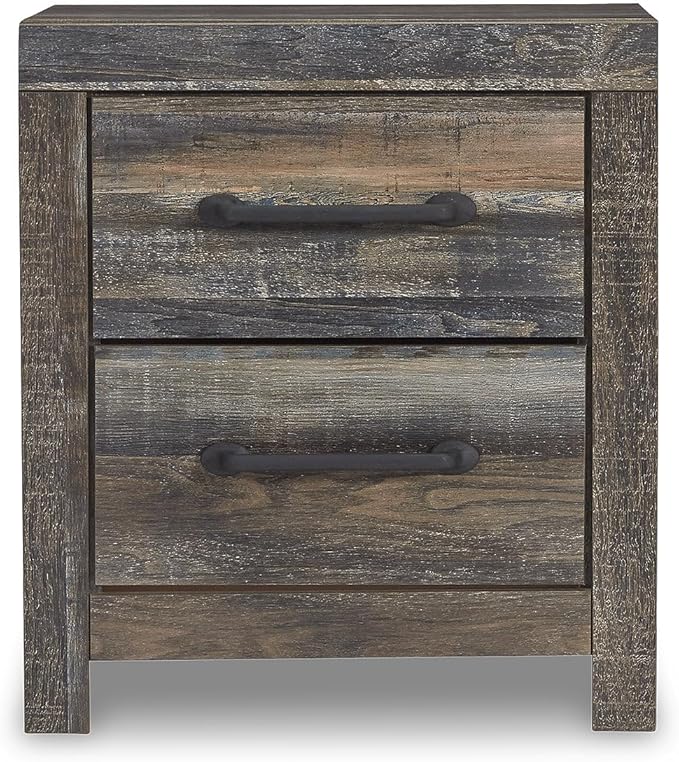 Signature Design by Ashley Drystan Rustic Industrial 2 Drawer Nightstand with 2 Slim-Profile USB Charging Stations, 24.37" Tall, Weatherworn Brown