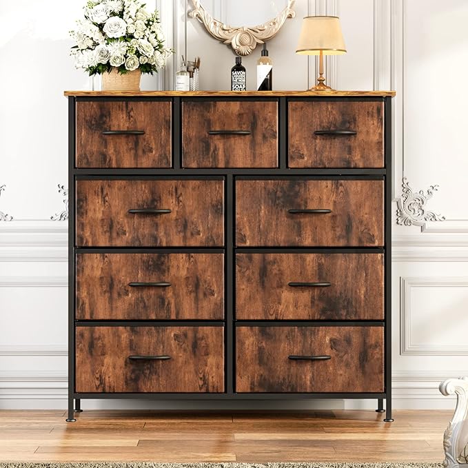 OLIXIS Dresser for Bedroom, 9 Storage Drawers, Tall Large Fabric Storage Tower Organizer, Chest of Drawers with Metal Frame Wooden Top for Nursery, Closet, Living Room, Entryway, Classic Rust Brown