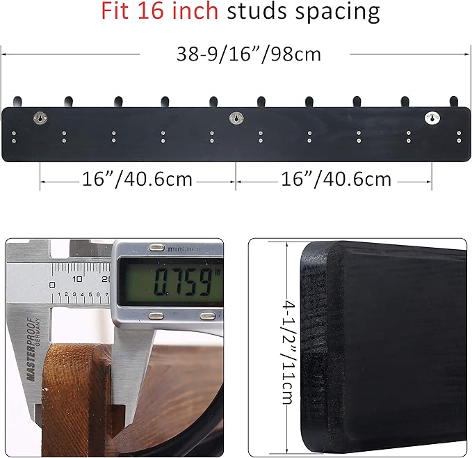 WEBI Coat Rack Wall Mount,38 9/16" Long,10 Tri Hooks for Hanging Coats,16" Hole to Hole,Coat Hooks Wall Mounted Coat Hanger,Wood Hook Rack for Clothes,Jacket,Hats,Rustic Black