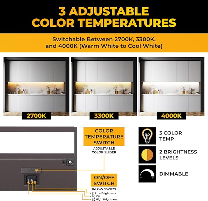 LED Under Cabinet Lighting Hardwired - 3CCT 12 Inch Bronze Finish - Undercabinet Lights for Kitchen - Linkable Undercounter Dimmable Plug in Light or Hard Wired - Under Counter Fixture Direct Wire