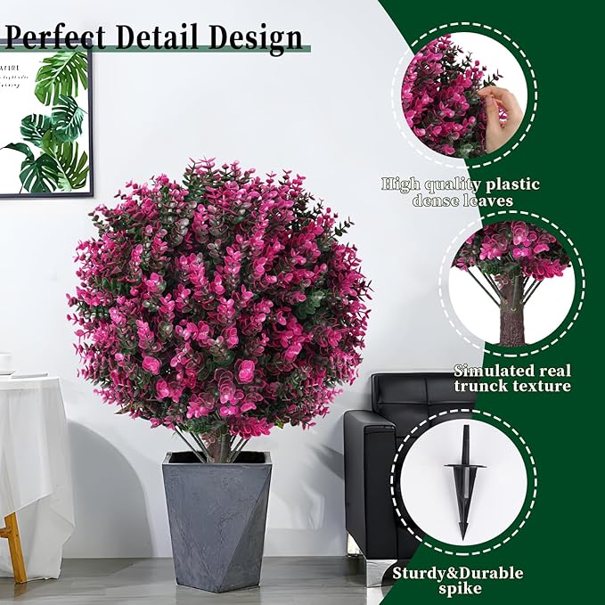 Artificial Pink Eucalyptus Topiary Ball Trees, 2 Set of 16'' UV Resistant Fake Evergreen Shrubs Bushes Plants with Ground Spike, Fake Plants for Outdoor Indoor Front Porch Garden