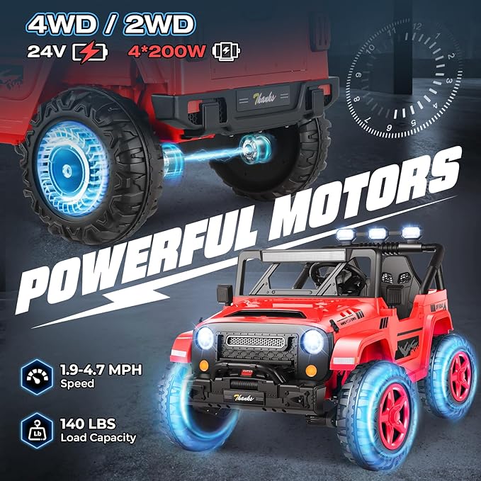 Hikole 24V Kids Electric Car with Remote Control - 4WD/2WD Switchable Two Seater Ride on Cars with 4x200W Powerful Engines, LED Lights, Spring Suspension, Ride on Toys for Kids Ages 4-8, Red