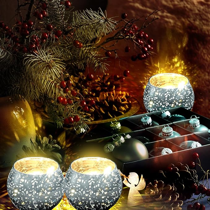 Rtteri 12 Set Votive Candle Holders Wedding Centerpiece Table Decorations Speckled Mercury Glass Votive Candle Holders with Tea Lights Birthday Party Decorations for Home (Silver)