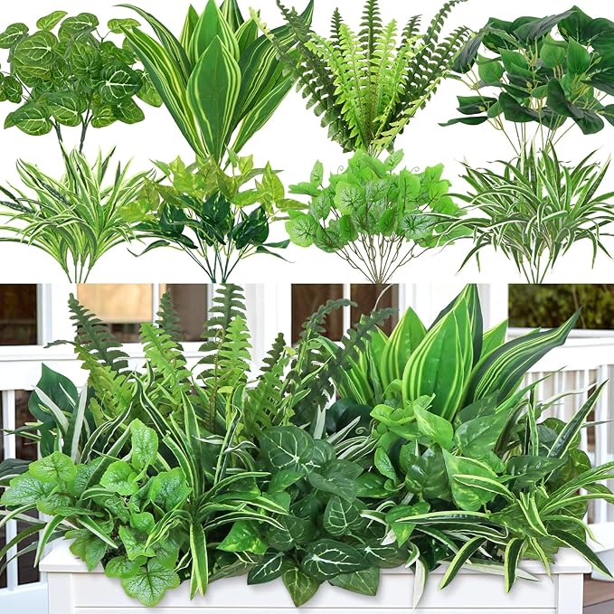 18PCS Artificial Plants Outdoor UV Resistant Fake Plants Stem Faux Greenery Plastic Plants Bushes for Garden Patio Porch Window Box Home Wedding Decor(Greenery, 18PCS)