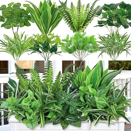 18PCS Artificial Plants Outdoor UV Resistant Fake Plants Stem Faux Greenery Plastic Plants Bushes for Garden Patio Porch Window Box Home Wedding Decor(Greenery, 18PCS)