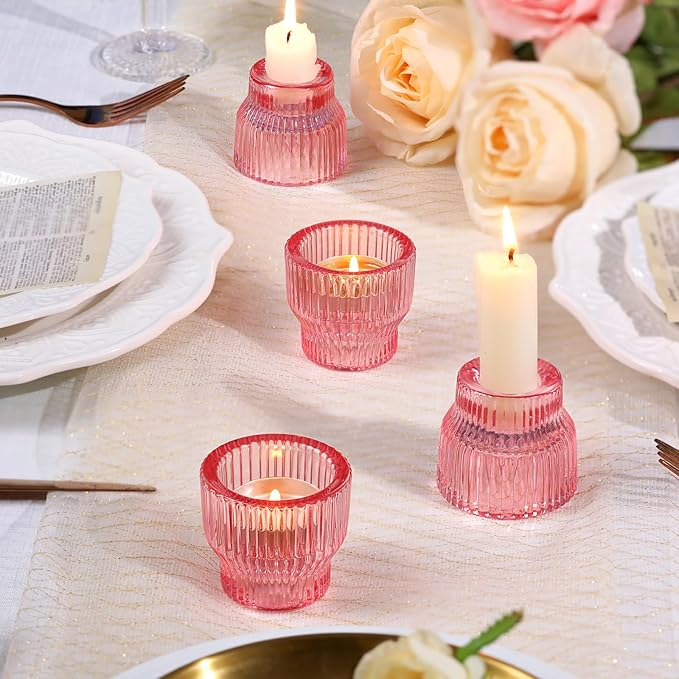 12pcs Pink Taper Candle Holders, Glass Candlestick Holders, Tea Light Candle Holder for Wedding Centerpieces Table Decorations, Votive Candle Holders for Baby Shower