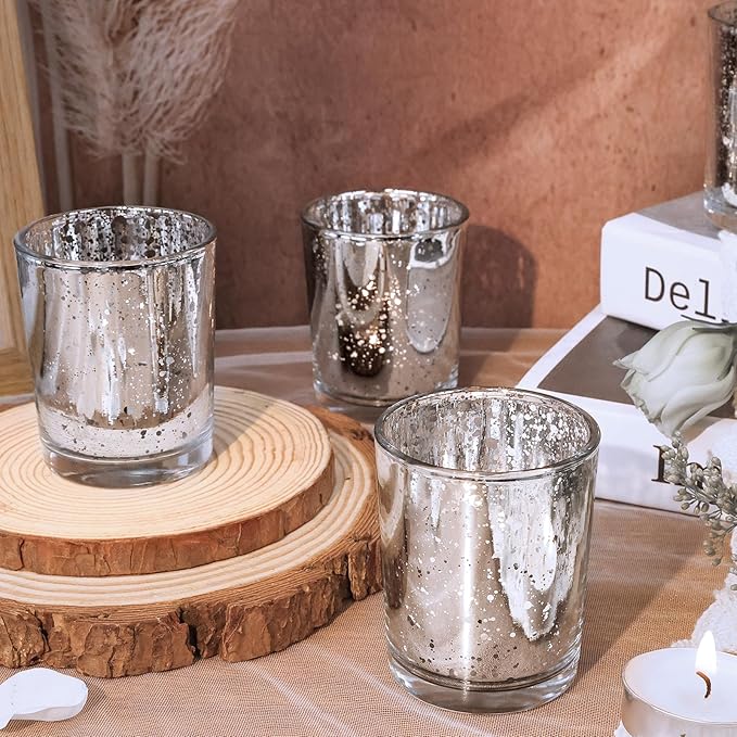 24 Pcs Silver Votive Candle Holders, Speckled Mercury Silver Glass Candle Holder Bulk for Wedding Centerpiece Table Decor, Tea Lights Candle Holder for Valentines Day Decor, Home Decor