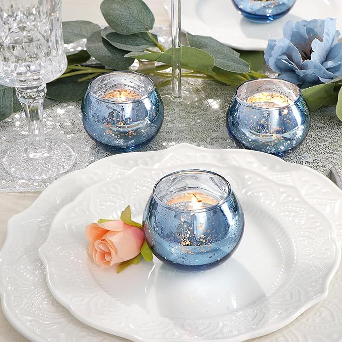 LAMORGIFT 24 Pcs Blue Votive Candle Holders Bulk- Blue Tealight Candle Holders for Wedding Decor, Mercury Glass Votives for Bridal Shower, Baby Shower Table Centerpieces