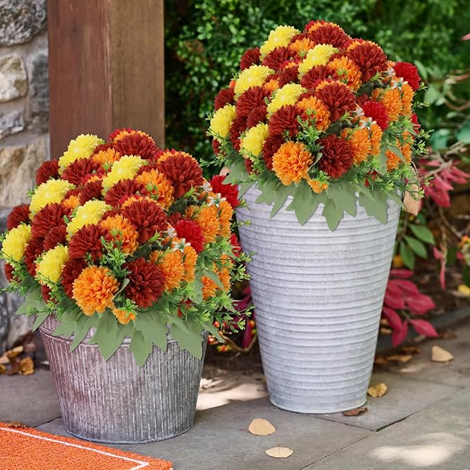 12 Pack with 84 Flower Heads Artificial Chrysanthemum Flowers, Fall Floral Decor for Indoor Outdoor, Porch, Patio, Front Yard, Planters, Thanksgiving