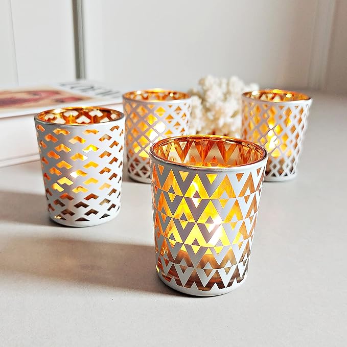 SHMILMH White and Gold Votive Candle Holders Set of 12, 4 Patterns Frosted Glass Tea Lights Candle Holders for Birthday Party Wedding Table Centerpiece Halloween