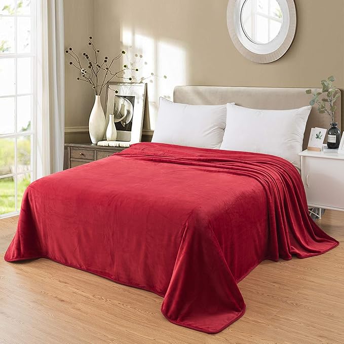 Fleece Queen Size Summer Blanket All Season 350GSM Lightweight Throw for The Bed Extra Soft Brush Fabric Winter Warm Sofa Blanket 90" x 90"(Red Queen)