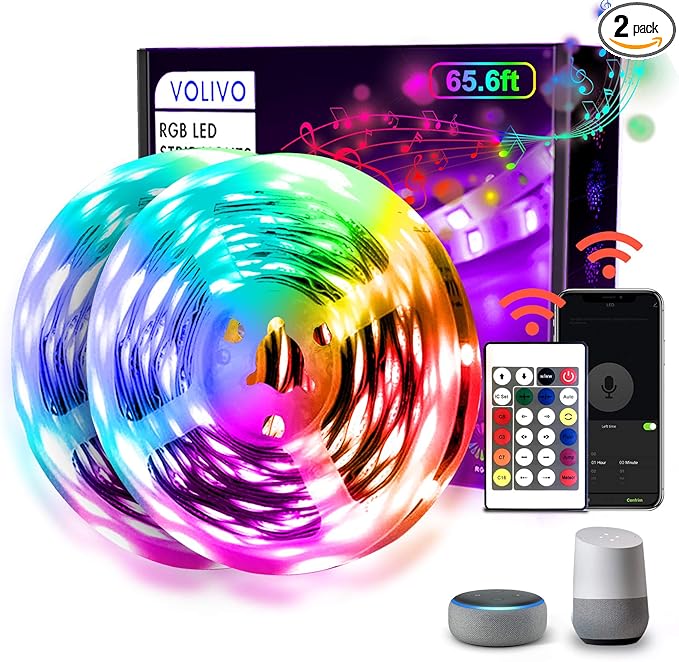 VOLIVO 65.6 FT WiFi LED Strip Lights,LED Light Strip Compatible with Alexa and Google Home,App/Remote/Voice Controlled Music Sync Color Changing Lighting for Bedroom Kitchen,Party,TV