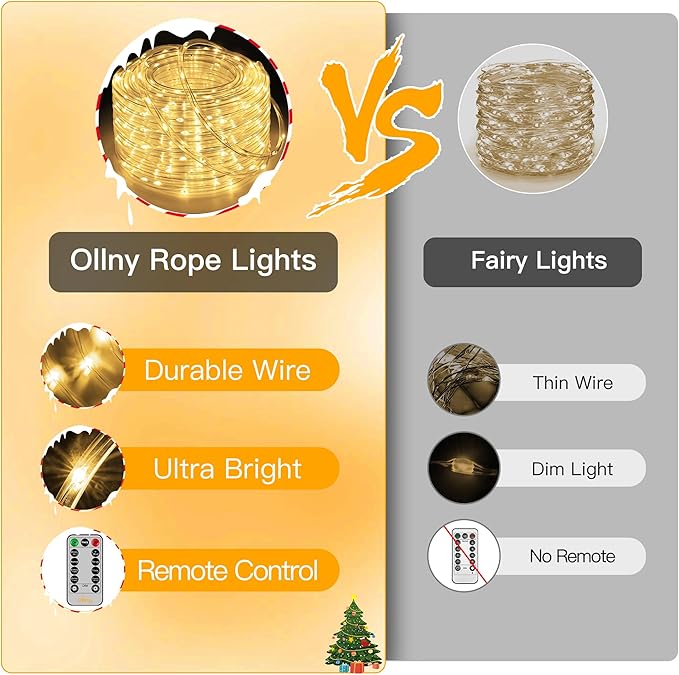 Ollny Rope Lights 33FT 100 LED, USB Power Warm White String Lights with Remote, 8 Modes IP68 Waterproof Timer Christmas Lights for Bedroom Indoor Wall Party Wedding Decor