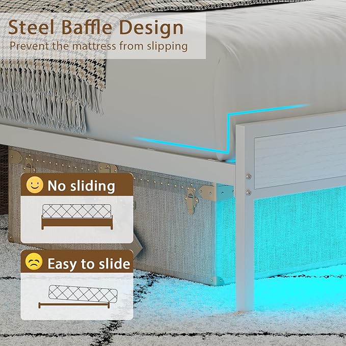 Twin Size Bed Frame with Charging Station and LED Lights, Metal Bed Frame with Headboard, White Upholstered Headboard with 2-Tier Storage Shelves, Noise Free, No Box Spring Needed, White
