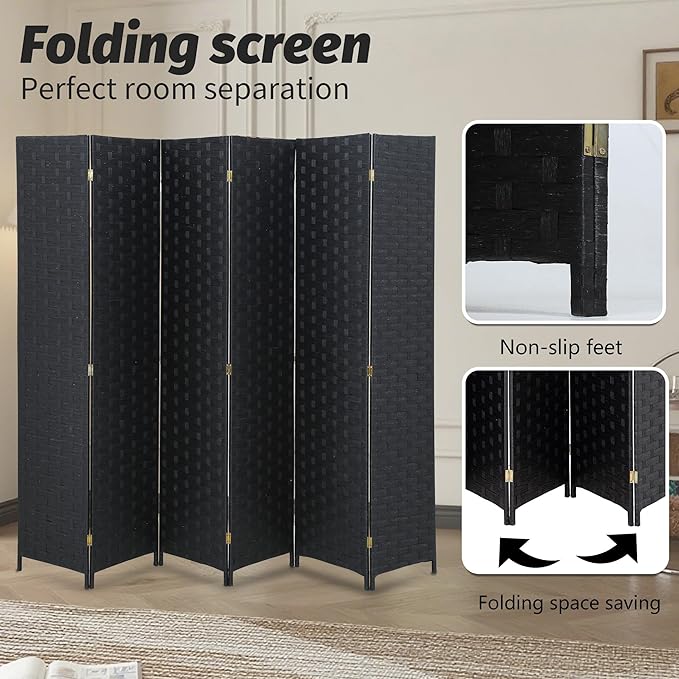 FDW Room Divider 6 Panels Wood Mesh Hand-Woven Design Indoor Folding Portable Partition Screen, Coal Black