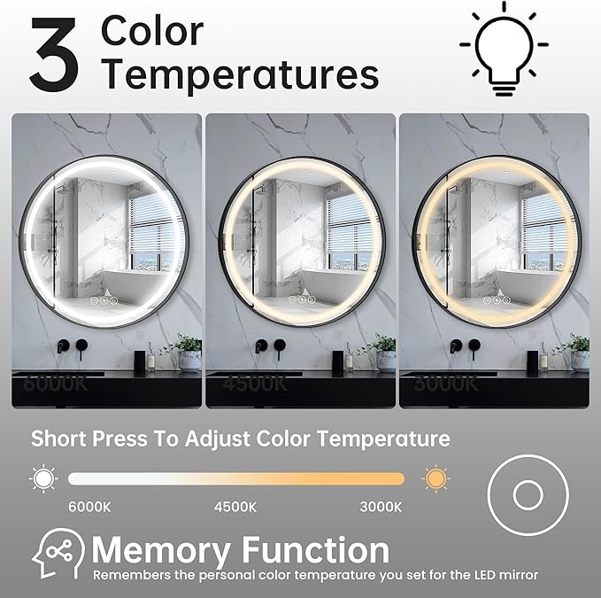 24 Inch Round Bathroom Mirror with Lights, Black Metal Framed Frontlit Circle Mirrors for Wall, Led Light Mirror with Anti-Fog, Memory Function, 3 Color Temperature, Dimmable Makeup Mirror
