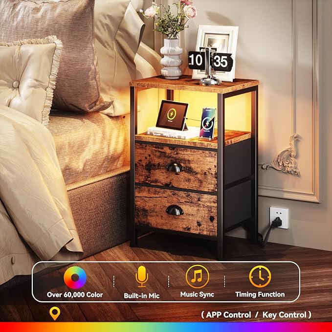 Furologee Nightstand with Charging Station, End Table with LED Lights, Bedside Table with USB Ports & Outlets, Night Stands with 2 Drawers, for Living Room/Bedroom
