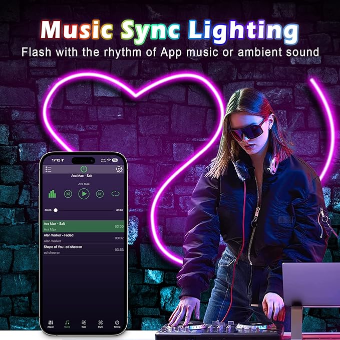 L8star 16.4ft RGB LED Neon Rope Light with Remote Control, Smart Color Changing DIY Mode Neon Flex Strip Lights for Bedroom Indoors Outdoors Decor