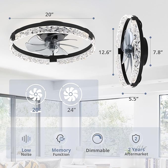 LEDIARY 2 Pack 20 Inch Low Profile Ceiling Fan with Lights and Remote, Dimmable Fandelier Ceiling Fans, Black Modern Flush Mount Ceiling Fan with 3 Color Temperature Change and 6 Speeds