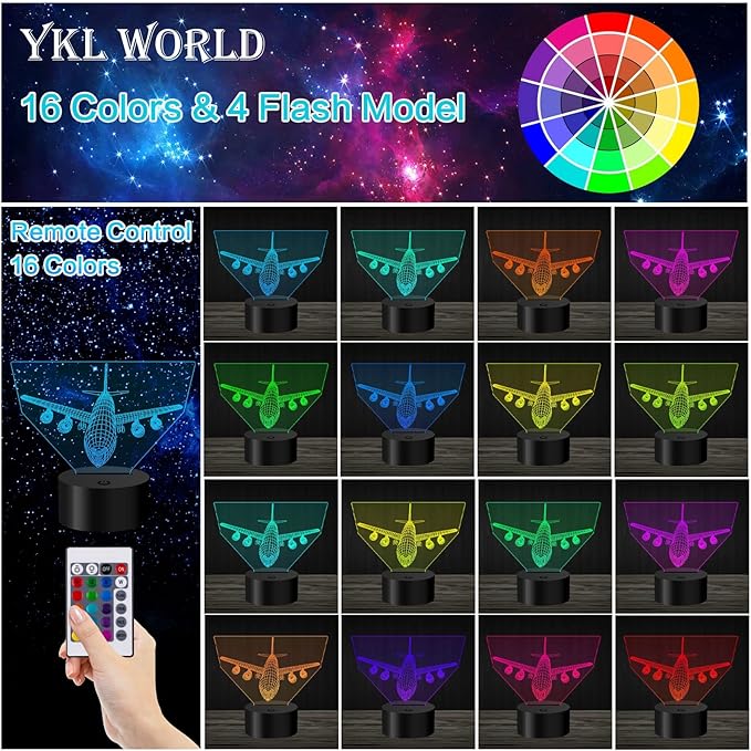 Airplane Night Light 3D Illusion Lamp 16 Color Changing USB Charging/Battery Powered Touch Control with Remote LED Table Desk Decor Lamps Christmas Birthday Gift for Kid Boy Pilot Plane Lover