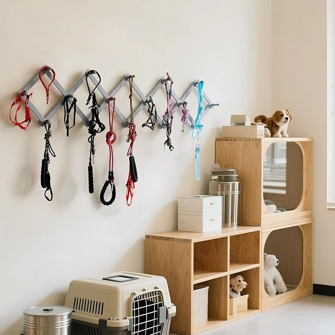 SKOLOO Accordion Wall Hanger with 16 Hooks, Modern Expandable Coat Rack Hat Rack for Wall, Solid Wooden, Dusty Gray Oak