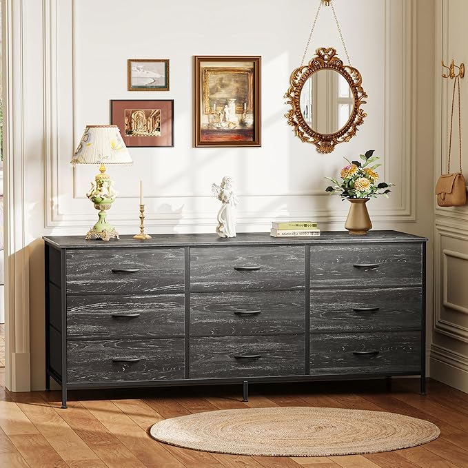 Huuger Long Dresser for Bedroom, 55 Inch TV Stand for 55, 60 Inch TV, Entertainment Center with Drawers, Large Storage, 9 Fabric Drawers Dresser for Closet, Charcoal Black Wood Grain Print