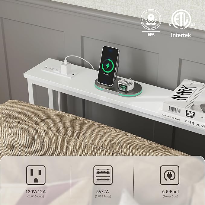 ELYKEN 5.9" Narrow Console Sofa Table with Power Outlets, 5.9" Dx39.4 Wx31.1 H Long Couch Table with Metal Frame and Charge Station with 6.5’ Extension Cord, White
