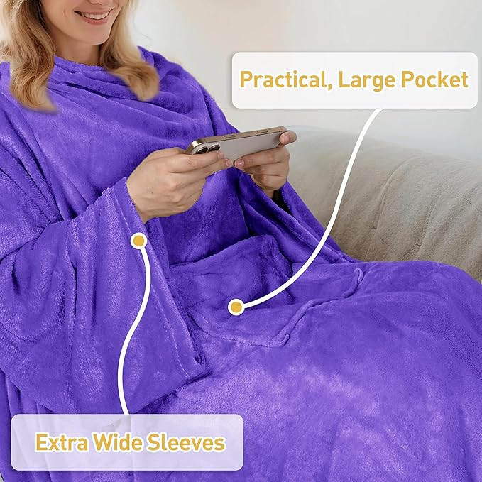 Catalonia Wearable Fleece Blanket with Sleeves and Foot Pockets for Adult Women Men, Micro Plush Comfy Wrap Sleeved Throw Blanket Robe Large, Purple