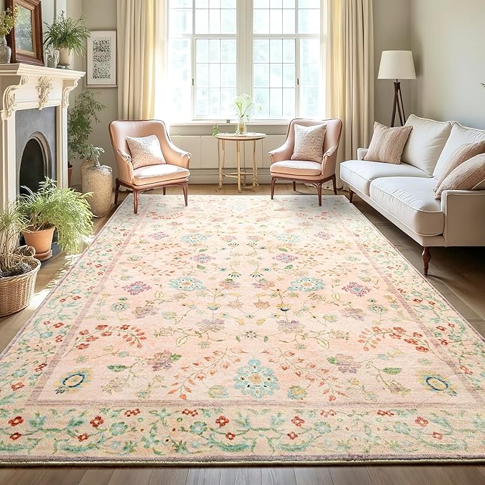 LOCHAS Washable Area Rugs 5x7, Pink Floral Rug for Living Room Bedroom Non Slip, Ultra Soft Vintage Indoor Carpet for Kids, Nursery, Dorm, Dining Room, Classroom, Boho Flower Home Decor, Low-Pile