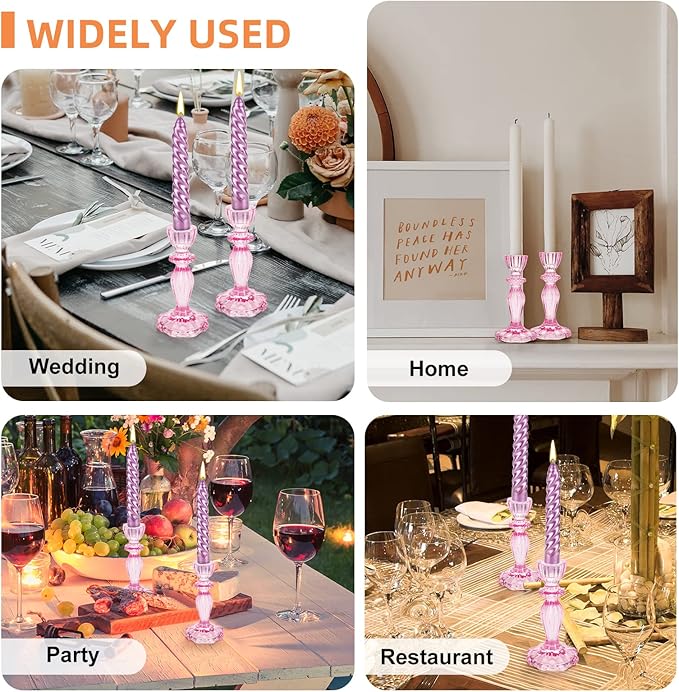 Glass Candle Holders, 2PCS Decorative Candle Stand Wide Base Candlestick Holder Table Centerpiece Decor for Wedding Festival Party Windowsill, Pink