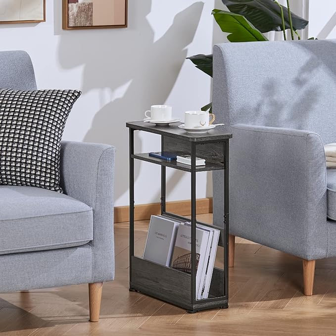 Vintage Narrow Side Table with Storage Shelf, 3 Tier Slim End Table Modern Sofa Table for Narrow and Small Spaces, 24.6 Inch Height Bedside Table Nightstand (Grey, Large)
