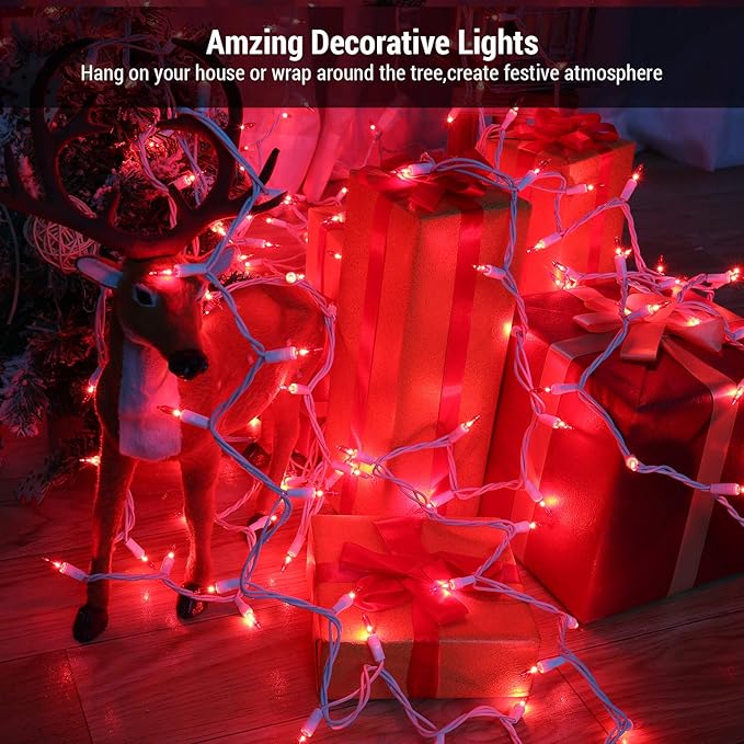 Brizled Red Christmas Lights, 300 ct 69.6ft Incandescent Christmas Lights plugin, Connectable 120V UL Certified Mini Xmas String Light for Halloween, Xmas, Indoor, Party, Porch Decor, White Wire